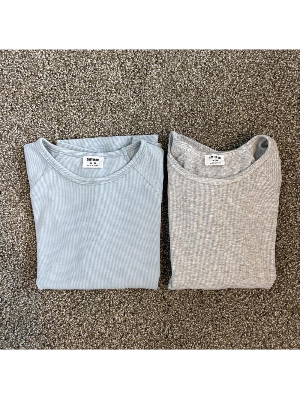 Set of 2 Cotton On Ribbed Raglan Cap Sleeve T-Shirts Light Blue Grey Medium - Picture 4 of 4